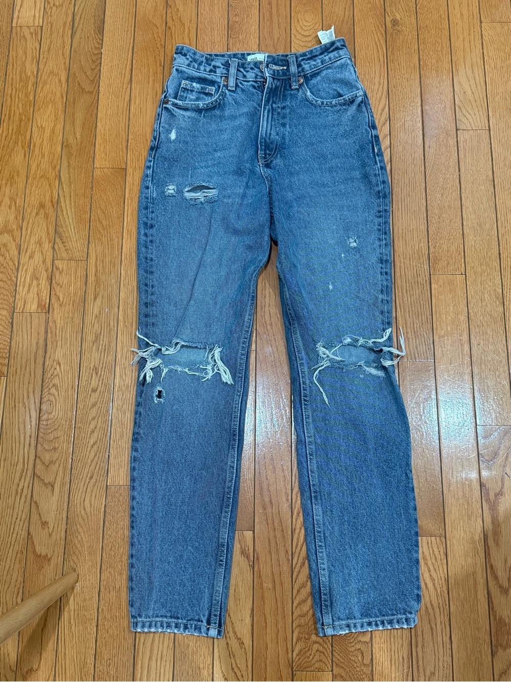 Zara Distressed Straight-Leg Blue Jeans